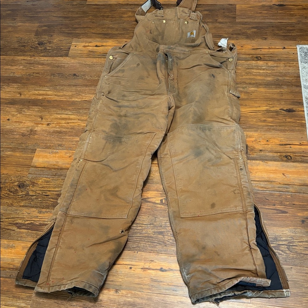 VTG Carhartt R03 BRN Duck Insulated Distressed Bib Overalls Double Knee 42x32